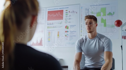 A sports psychologist counseling an athlete in a sports psychology clinic, with motivational posters and sports performance charts, Sports psychology scene photo