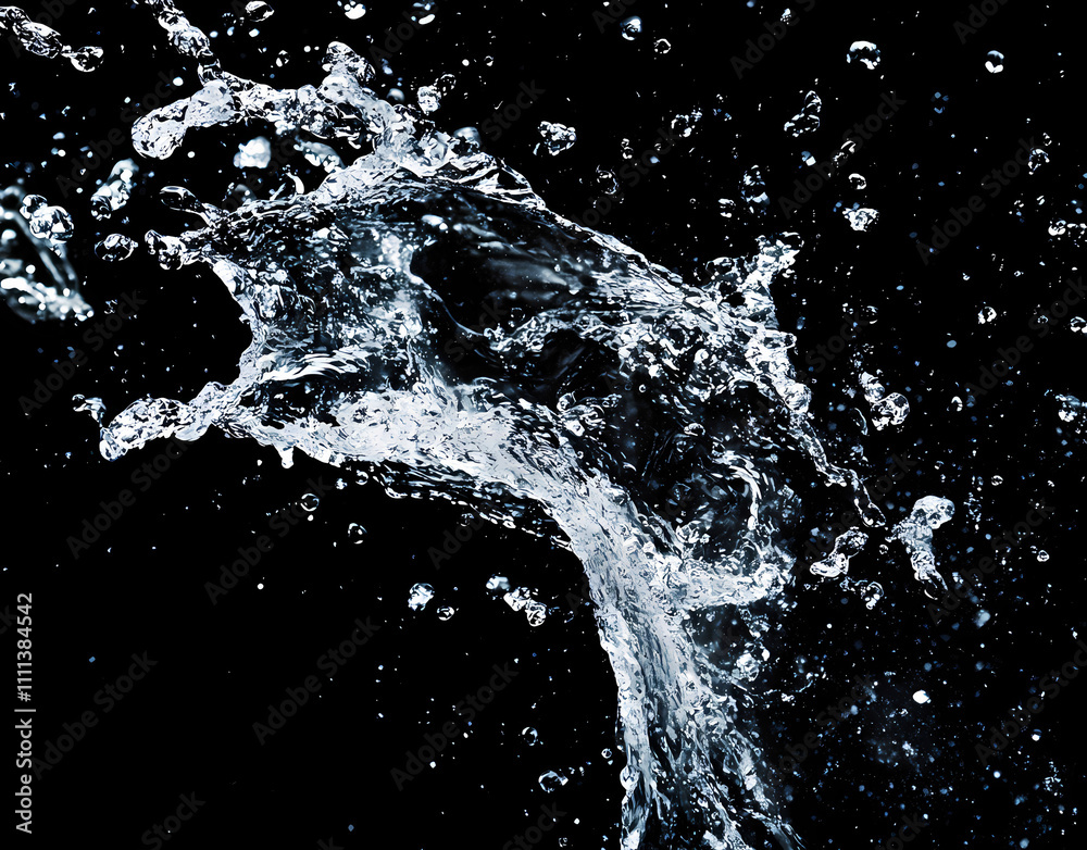 Obraz premium Water spray on a black background, with a white color dust explosion splash of water or air particles in the atmosphere, creating a commercial product-like effect