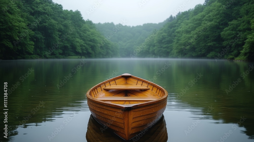 A wooden rowboat sits alone on a still lake, surrounded by lush green trees. The mist creates an air of tranquility. A wooden rowboat sits alone on a still lake, surrounded by lush green trees. The mist creates an air of tranquility.