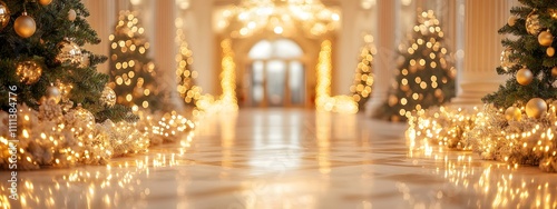 Blurred background of an elegant Christmas room with garlands and trees, blurred bokeh lights, light yellow and white colors, free space for text, cozy atmosphere, 