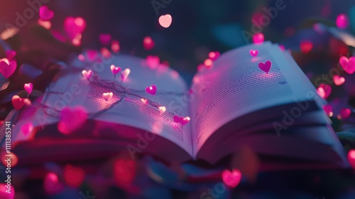 A softly lit open book adorned with pink and purple heart lights  blending with a dreamy bokeh background
