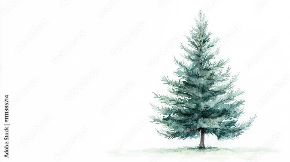 Fototapeta premium A solitary pine tree illustrated in watercolor, with delicate green tones and a blank white background