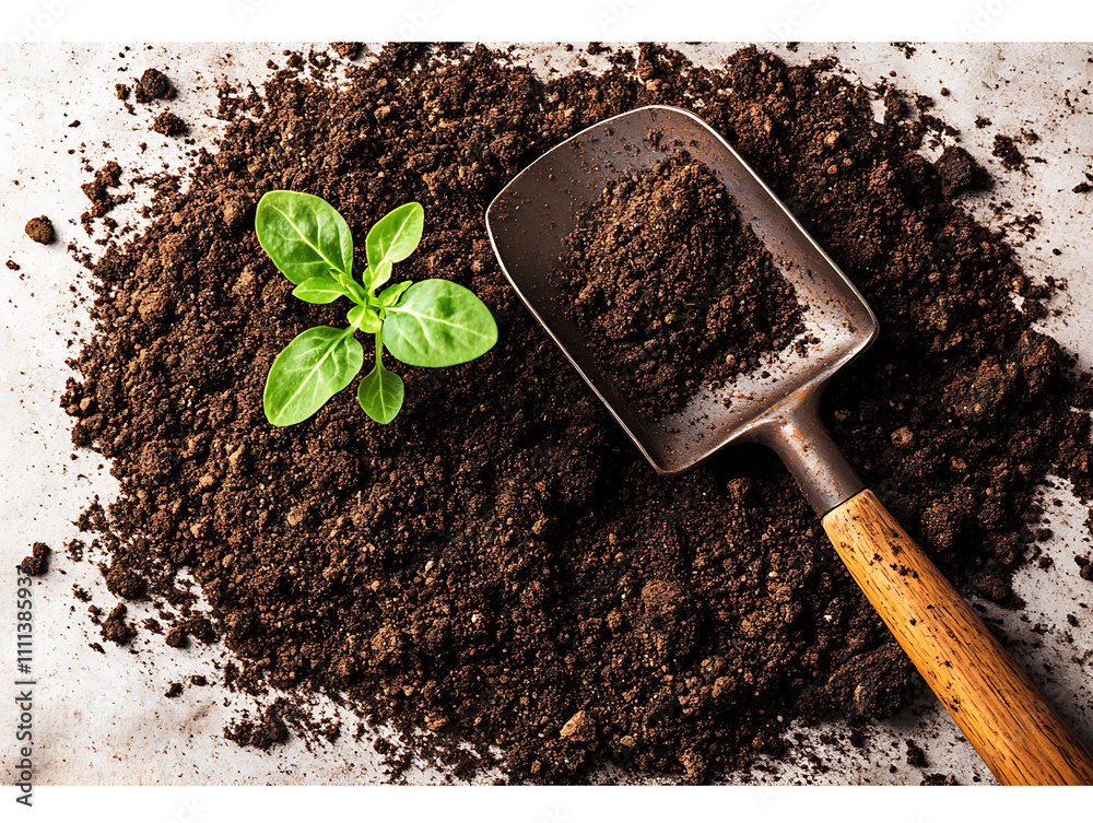 Gardening with a young plant sprout in rich dark soil using a rustic wooden handled garden scoop, perfect for spring planting and nurturing new life. Gardening with a young plant sprout in rich dark soil using a rustic wooden handled garden scoop, perfect for spring planting and nurturing new life.