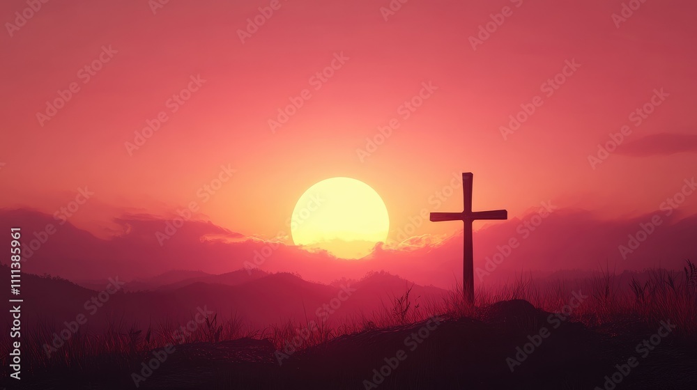 A solitary wooden cross silhouetted by the soft gradient of an orange and pink sunset sky A solitary wooden cross silhouetted by the soft gradient of an orange and pink sunset sky