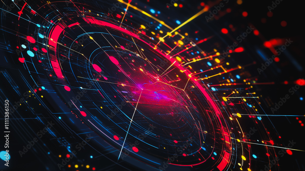 Obraz premium Abstract black background with Colorful circle lines. Digital future technology . Abstract business connection of lines from nodes innovation of communication in the network.