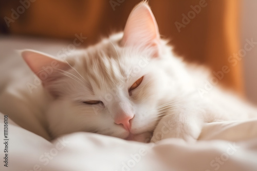 A cozy, sleeping white and orange cat on a soft, pink blanket, gentle lighting, relaxed and peaceful atmosphere, shallow depth of field, soft focus, warm tones