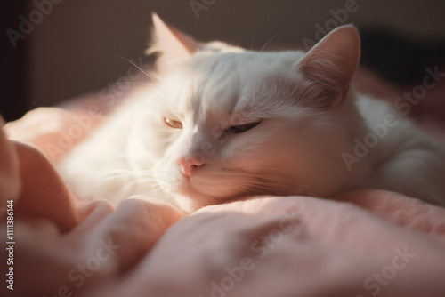 A cozy, sleeping white and orange cat on a soft, pink blanket, gentle lighting, relaxed and peaceful atmosphere, shallow depth of field, soft focus, warm tones