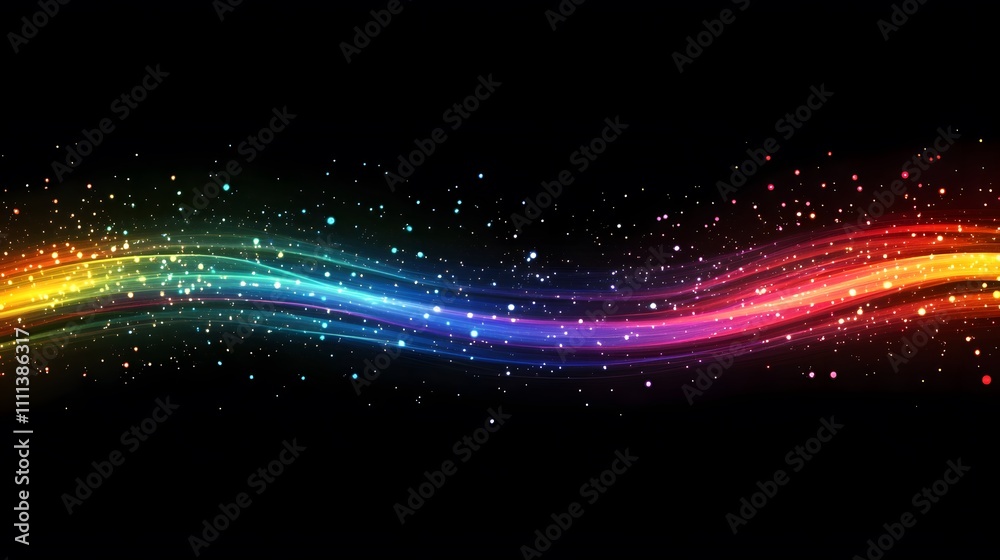 Obraz premium Rainbow Light Waves Sparkle Across Dark Background