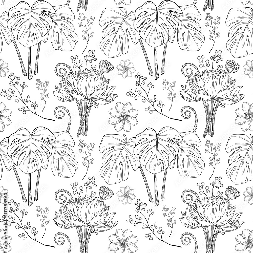 Fototapeta premium Stunning Botanical Line Art Pattern featuring Lotus Flowers and Vibrant Leaves with Elegance