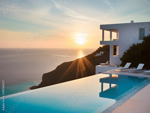 luxury hotel near beautiful ocean sunset with infinity pool, vacation and holiday concept	