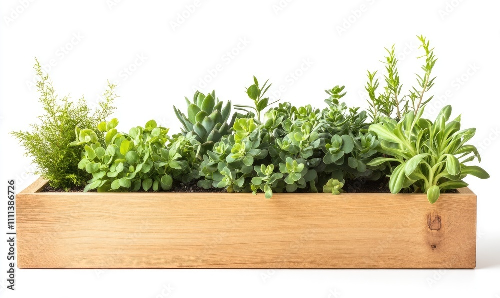 A wooden planter with a variety of plants including herbs and succulents A wooden planter with a variety of plants including herbs and succulents