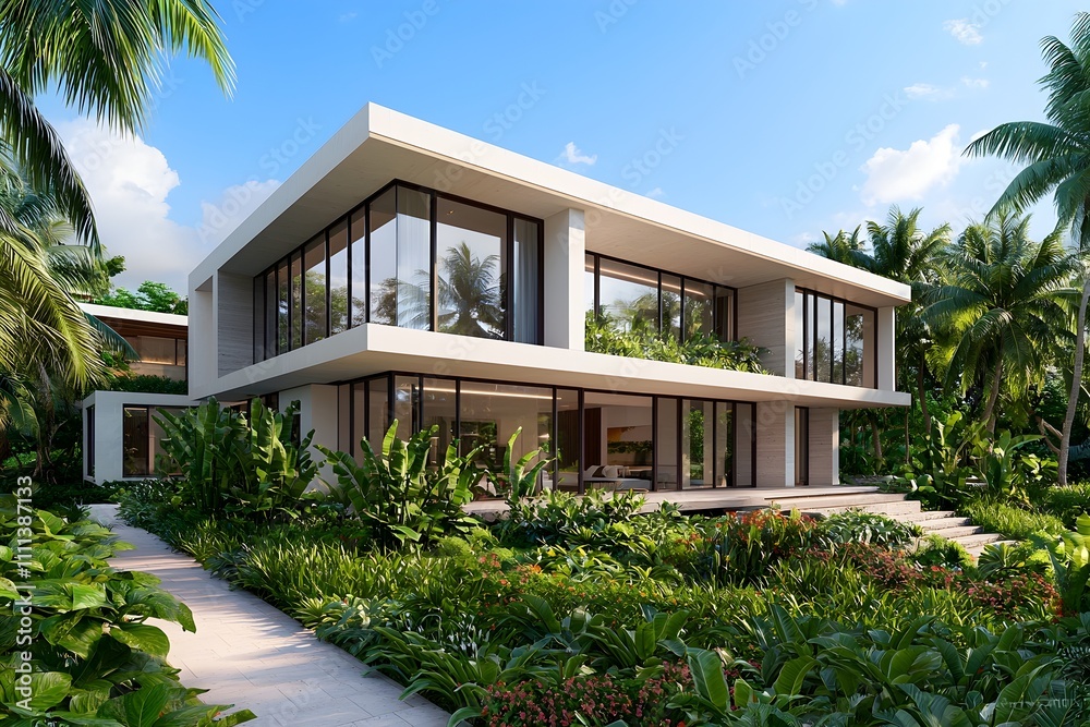 Contemporary Minimalist Home Nestled in Verdant Tropical Oasis with Large Windows