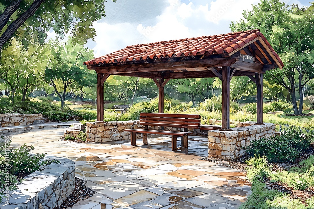 Serene Garden Patio with Wooden Gazebo and Stone Bench. Serene Garden Patio with Wooden Gazebo and Stone Bench.
