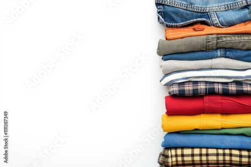 Different styles of clothing including shirts, pants, and accessories arranged neatly on a white background, allowing for text inclusion. Generative AI photo