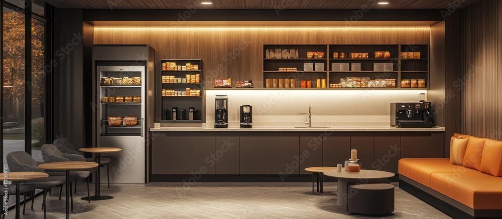Modern office break room with a couch, coffee machines, and a refrigerator. Modern office break room with a couch, coffee machines, and a refrigerator.