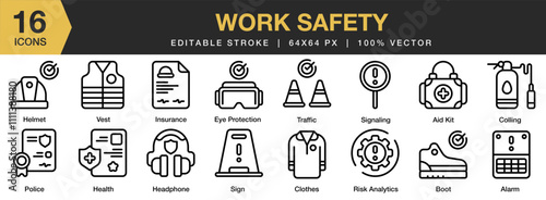Work Safety icon set. Editable Stroke Icon Collection. Includes industry, safety, workplace, security, work, protection, and More. Outline icons vector collection.