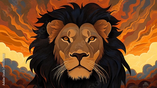 Majestic Lion Portrait: Digital Painting of an African King Against a Fiery Sunset AI Generated photo