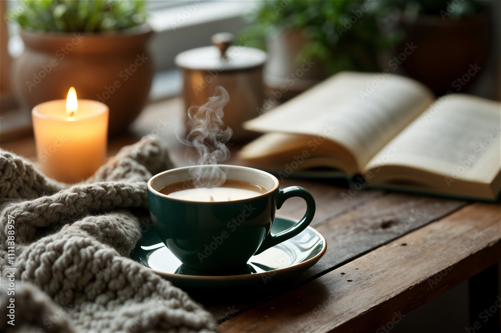 Hot Drink and Reading in Warm Candlelight Hot Drink and Reading in Warm Candlelight