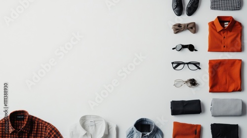 Different styles of shirts, pants, and accessories are showcased on a clean white background, providing a blank space for messaging. Generative AI photo