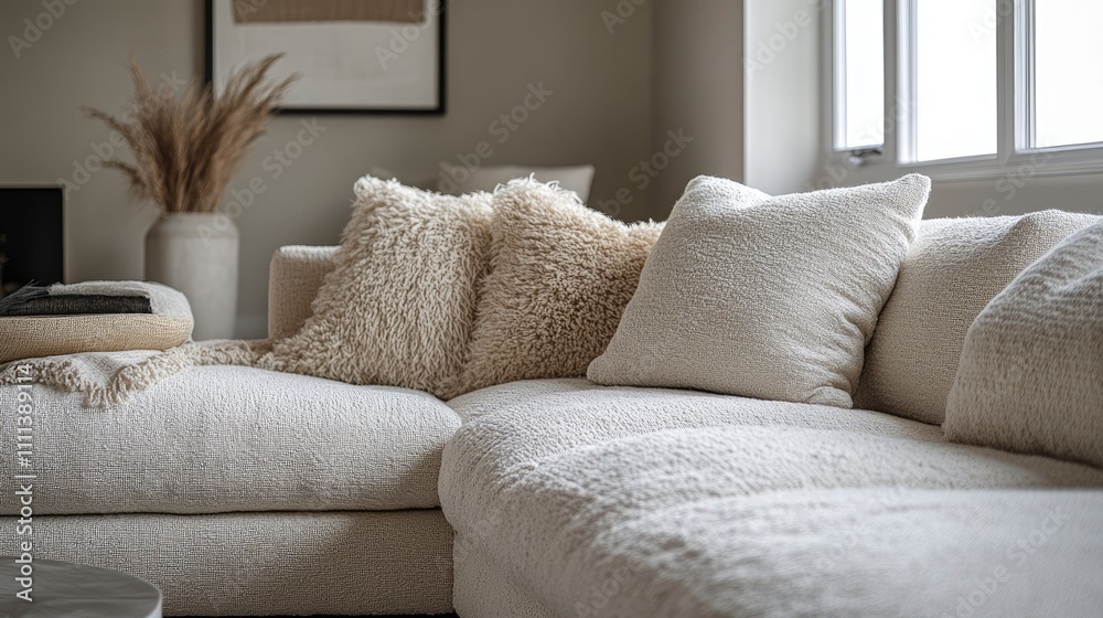 Cozy living room with a plush white sectional sofa and decorative pillows. Cozy living room with a plush white sectional sofa and decorative pillows.
