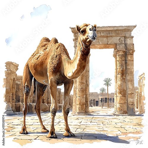 A Dromedary Camel Stands Majestically Before Ancient Egyptian Ruins, a Watercolor Painting.