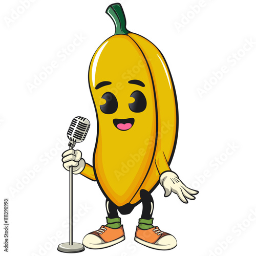 cute banana cartoon character mascot on front of the mic become a stand up comedian, cute fruit cartoon, work of hand drawn