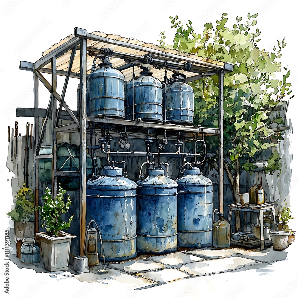Watercolor Illustration of Rustic Industrial Water Tanks in a Garden Setting. Watercolor Illustration of Rustic Industrial Water Tanks in a Garden Setting.