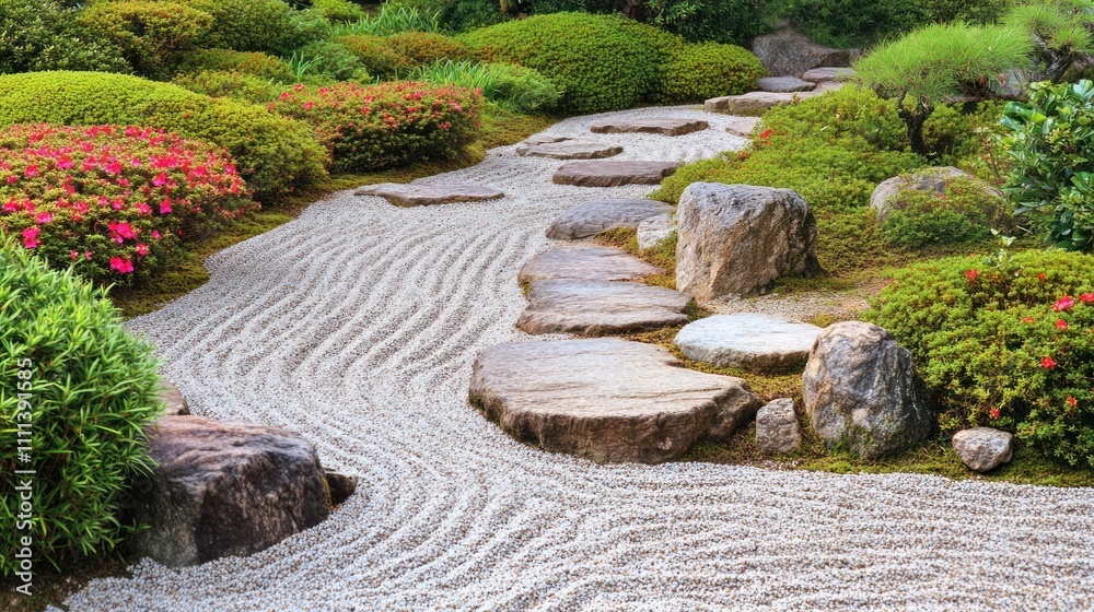 A peaceful zen garden with fine sand, decorated with blooming flowers. A peaceful zen garden with fine sand, decorated with blooming flowers.