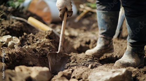 An archaeologist excavating an ancient site with digging tools and unearthed artifacts, Archaeological dig scene, Historical discovery style photo