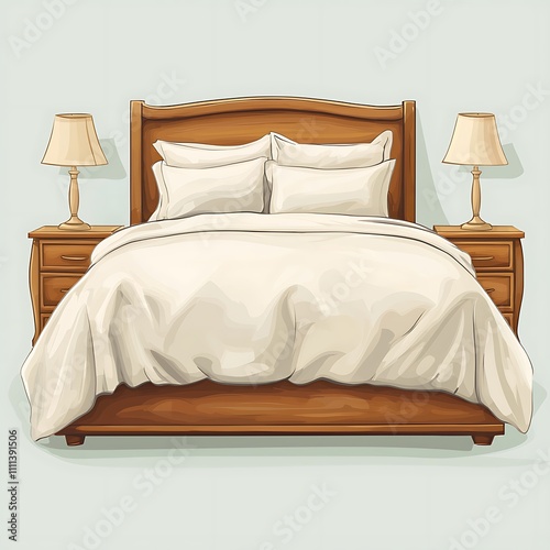 Illustration of a Made Bed with Wooden Frame  Nightstands  and Lamps.