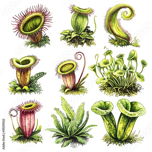 A Collection of Detailed Botanical Illustrations of Various Carnivorous Pitcher Plants. photo