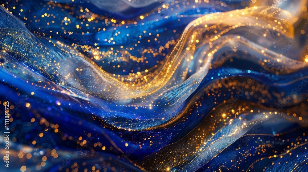 Flowing blue and gold particles create a luxurious wallpaper with a shiny glow, evoking silk and velvet textures and adding a festive touch. Perfect for adding art and glamour to any project Flowing blue and gold particles create a luxurious wallpaper with a shiny glow, evoking silk and velvet textures and adding a festive touch. Perfect for adding art and glamour to any project
