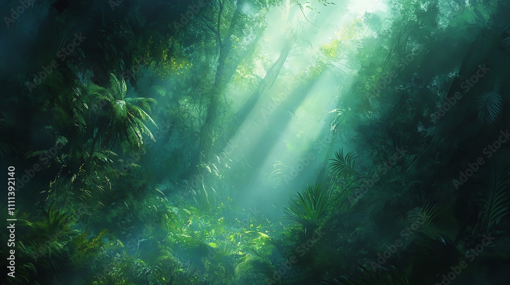 Sunlight streams through dense forest foliage, creating a serene atmosphere. Sunlight streams through dense forest foliage, creating a serene atmosphere.