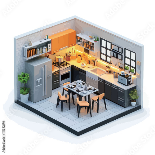 Kitchen interior in isometric view. 3D rendering. High resolution image..eps