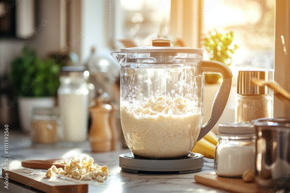 Blending Fresh Ingredients in a Kitchen with a Modern Blender, Sunlight Pouring Through Windows, Showing Creamy Mixture and Popcorn Blending Fresh Ingredients in a Kitchen with a Modern Blender, Sunlight Pouring Through Windows, Showing Creamy Mixture and Popcorn