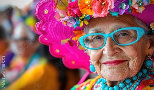 A vibrant portrait of an elderly woman dressed in a colorful outfit, wearing sunglasses and a pink hat adorned with flowers