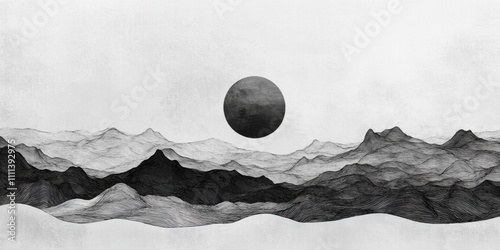 Monochrome Mountain Range Landscape Minimalist Line Art Graphic Design Overlay