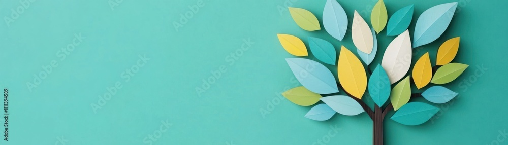 Colorful and Creative Paper Art Tree Composition on a Calm Turquoise Background for Nature-Themed Designs and Eco-Friendly Projects Colorful and Creative Paper Art Tree Composition on a Calm Turquoise Background for Nature-Themed Designs and Eco-Friendly Projects