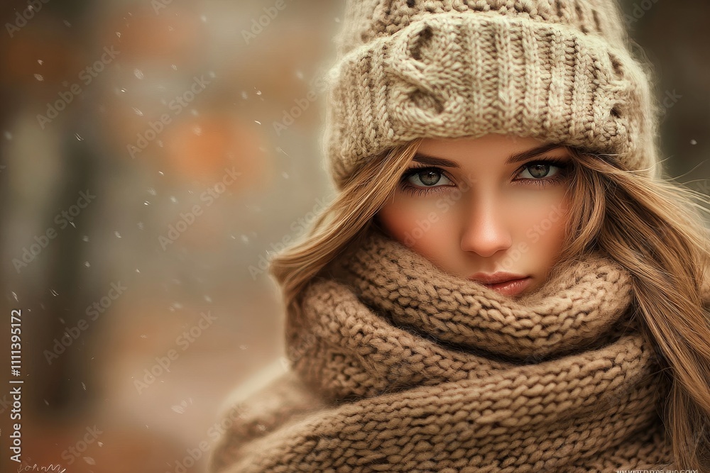 Close-Up of Beautiful Woman in Cozy Winter Hat and Scarf, with Soft Focus on Eyes and Gentle Snowfall in Background, Capturing the Essence of Winter Warmth and Style Close-Up of Beautiful Woman in Cozy Winter Hat and Scarf, with Soft Focus on Eyes and Gentle Snowfall in Background, Capturing the Essence of Winter Warmth and Style
