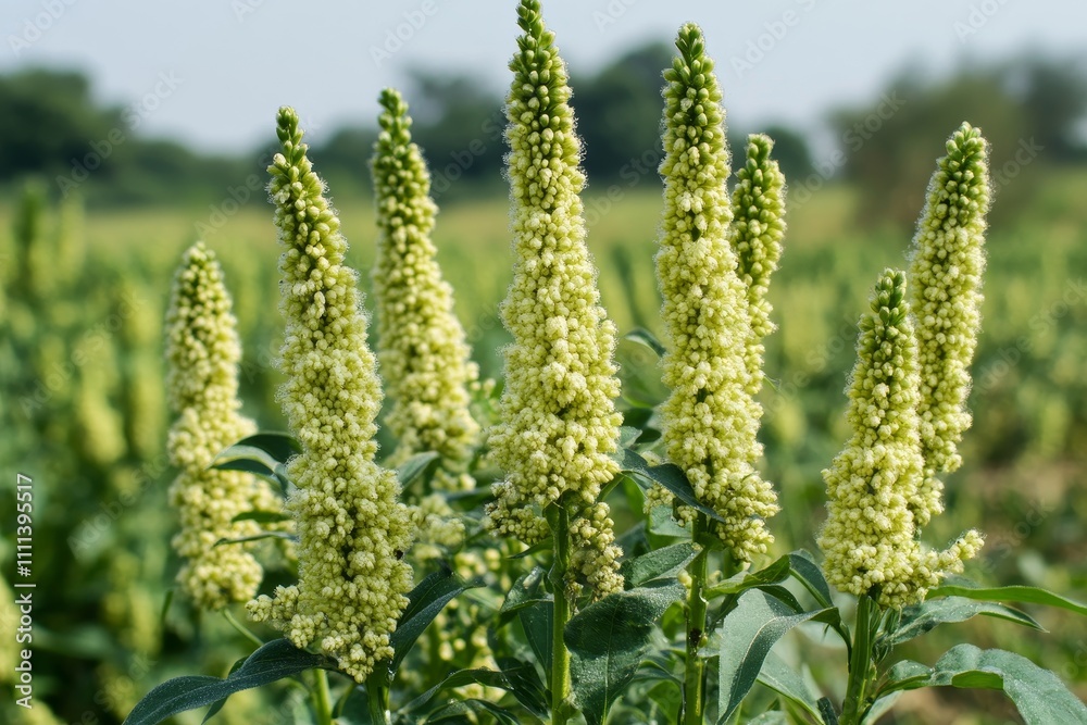 Close-Up of Fluffy Green Amaranth Flower Spikes in a Lush Field under Soft Natural Light, Showcasing Nature's Beautiful Botanical Features and Vibrant Greenery Close-Up of Fluffy Green Amaranth Flower Spikes in a Lush Field under Soft Natural Light, Showcasing Nature's Beautiful Botanical Features and Vibrant Greenery