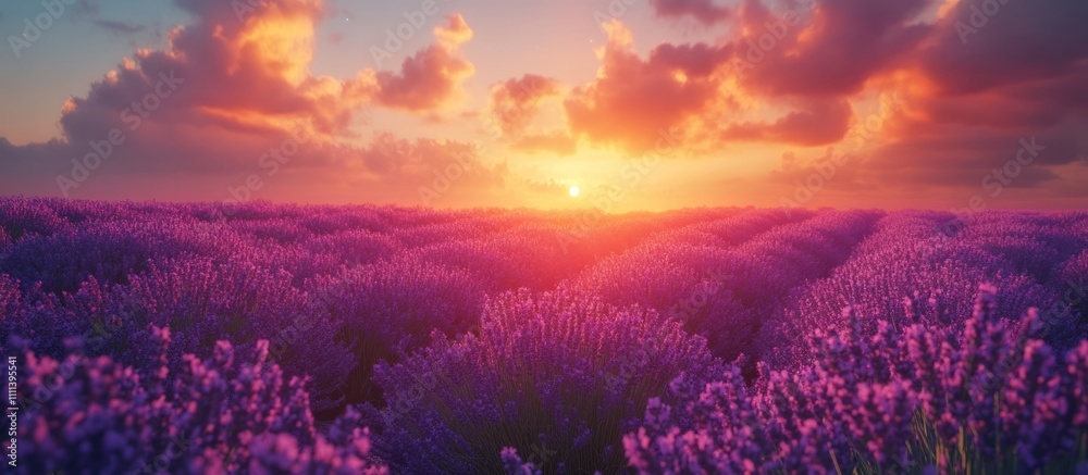A beautiful lavender field bathed in the golden light of a setting sun. A beautiful lavender field bathed in the golden light of a setting sun.