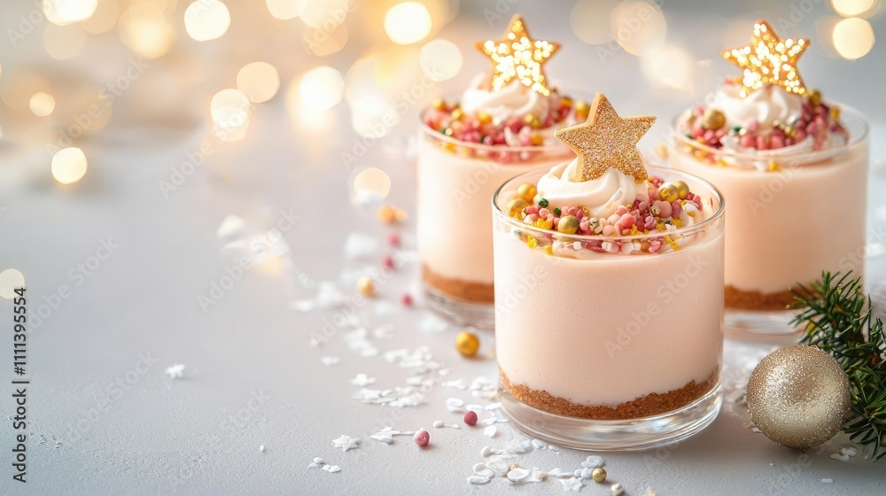 New Year sweets baking luxury concept. Sculpted mousse cakes shaped like shimmering stars, luxury desserts, thematic and captivating for New Year parties New Year sweets baking luxury concept. Sculpted mousse cakes shaped like shimmering stars, luxury desserts, thematic and captivating for New Year parties