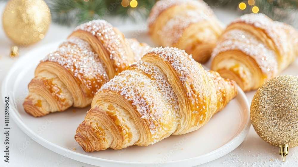 New Year sweets baking luxury concept. Sugar-dusted croissants with sparkling sugar accents, luxury pastries, elegant breakfast for New Year mornings New Year sweets baking luxury concept. Sugar-dusted croissants with sparkling sugar accents, luxury pastries, elegant breakfast for New Year mornings