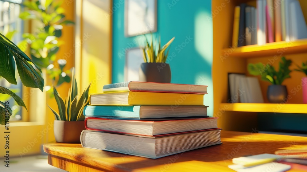 A stylish workspace with a stack of brightly colored books resting on a desk, surrounded by modern office elements A stylish workspace with a stack of brightly colored books resting on a desk, surrounded by modern office elements