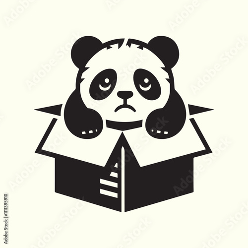 black sad panda abandoned in a cardboard box vector, panda silhouette vector illustration design.