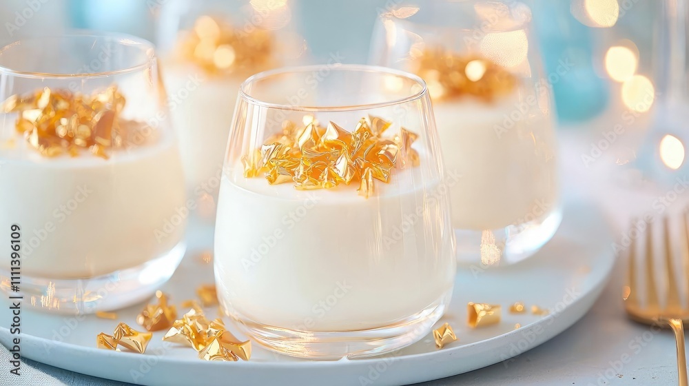 New Year sweets dessert luxury concept. Pearlescent panna cotta served with golden caramel shards, luxury dessert, modern sophistication for celebrations New Year sweets dessert luxury concept. Pearlescent panna cotta served with golden caramel shards, luxury dessert, modern sophistication for celebrations