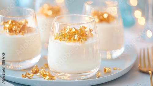 New Year sweets dessert luxury concept. Pearlescent panna cotta served with golden caramel shards, luxury dessert, modern sophistication for celebrations