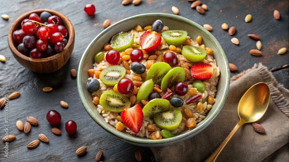 Creamy farro porridge with mini kiwi, grape, goji berries, and pumpkin seeds in bowl top view, farro, porridge, kiwi Creamy farro porridge with mini kiwi, grape, goji berries, and pumpkin seeds in bowl top view, farro, porridge, kiwi