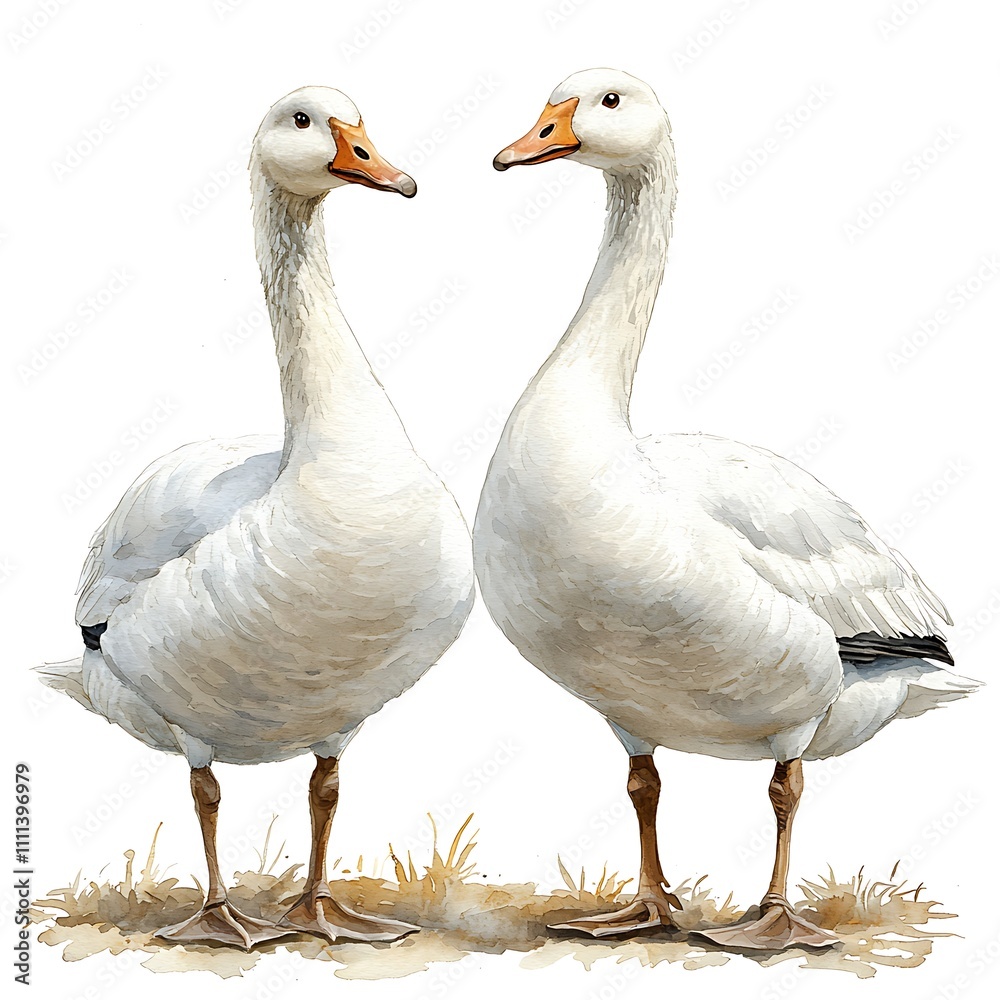 Watercolor Painting of Two Snow Geese Facing Each Other. Watercolor Painting of Two Snow Geese Facing Each Other.