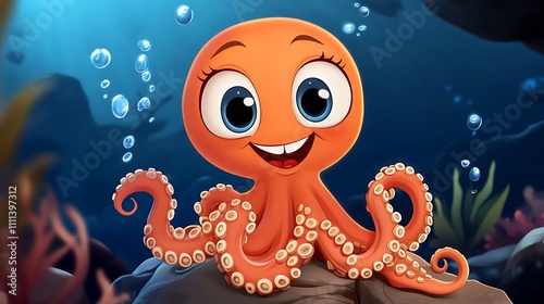 Adorable Digital Octopus Illustration: Underwater Adventure in a Vibrant Ocean Scene AI Generated